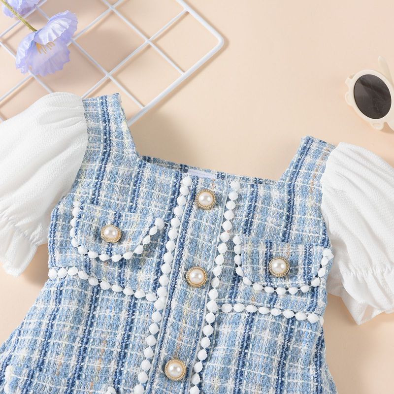 Baoshi Kinderkleidung, Sommer, heißer Stil, kleiner duftender Wind, grobes Plaid, Perlenschnalle, Dekoration, gespleißte Blase_voghion.com