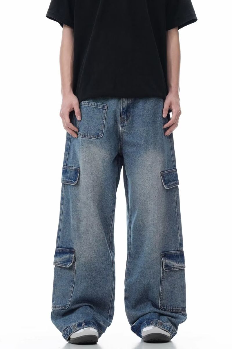 Pantaloni casual a gamba larga da strada, jeans cargo blu dritti lavati multitasche americani_voghion.com