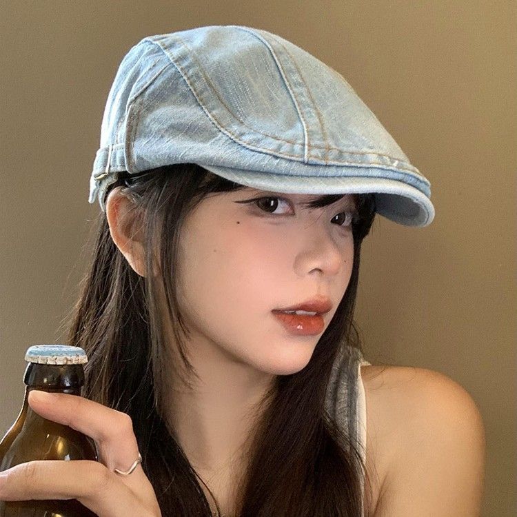 2025 Neue gewaschene Denim-Cap für Damen, vielseitig für Sommer und Herbst, großer Kopfumfang, gesichtsschlank machend,_voghion.com