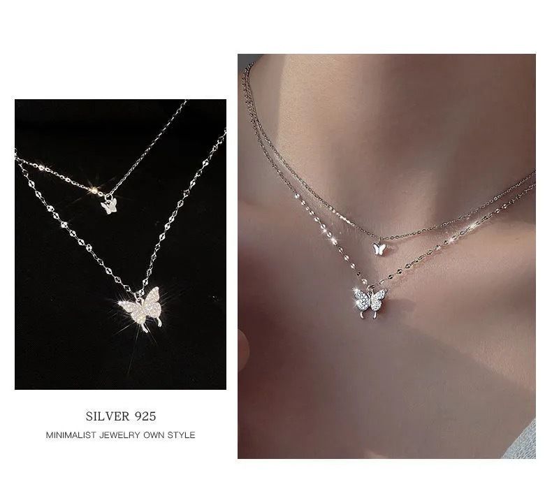Instagram Cool Wind Butterfly Double Layer Necklace, Colorless Trendy Collarbone Chain, Elegant Layered Neckchain,_voghion.com
