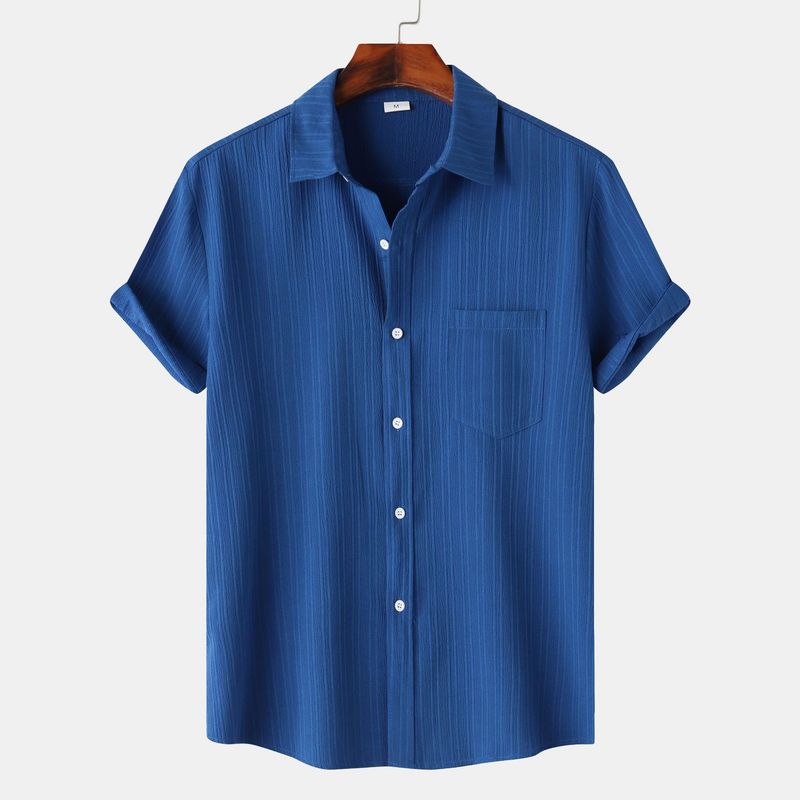 Goods 2024 summer new solid color lapel short sleeved shirt men's_voghion.com