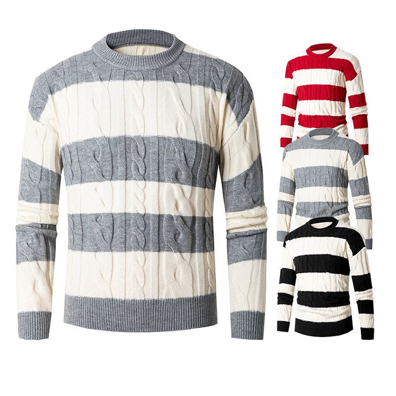 Men's Clothing 2024 autumn and winter new European and American men's round neck sweater striped casual knitted bottoming shirt _voghion.com