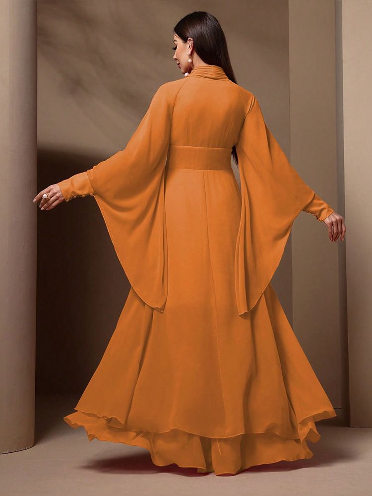 Women's Elegant Chiffon Maxi Dress With V-Neck, Lantern Sleeves & Ruffle Trim - A-Line High Waist Party Gown For Wedding, Evening Occasions (Orange)_voghion.com