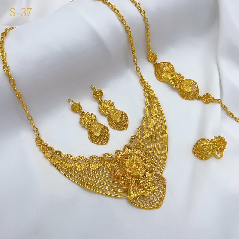 Set di gioielli in oro da donna, in lega di rame, placcato oro, per sposa di Dubai, collana, anello, orecchini, bracciale, set di gioielli indiani di quattro pezzi, molto venduto_voghion.com