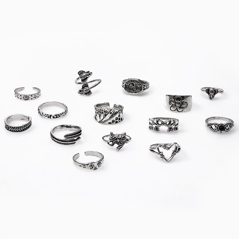 Playing Card Ring Yin Yang Relief Elephant Love Leaf Opening Adjustable 14 Rings_voghion.com