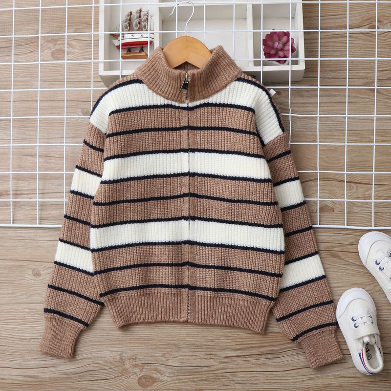 Strickjacke aus Lammwolle für Mutter und Kind, weicher, warmer Strickpullover für große Kinder (ab 8 Jahren), gestreiftes Design, lange Ärmel, Stehkragen (Grau/Marineblau)_voghion.com