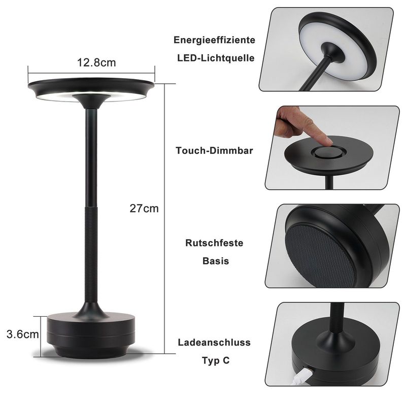 Glitzerlife Tischlampe Kabellos Nachttischlampe Akku - Moderne LED Tischleuchte Touch Dimmbar Lampe Mit USB Aufladbar Schwarz Batterie Tischlampen Für Kinderzimmer_voghion.com
