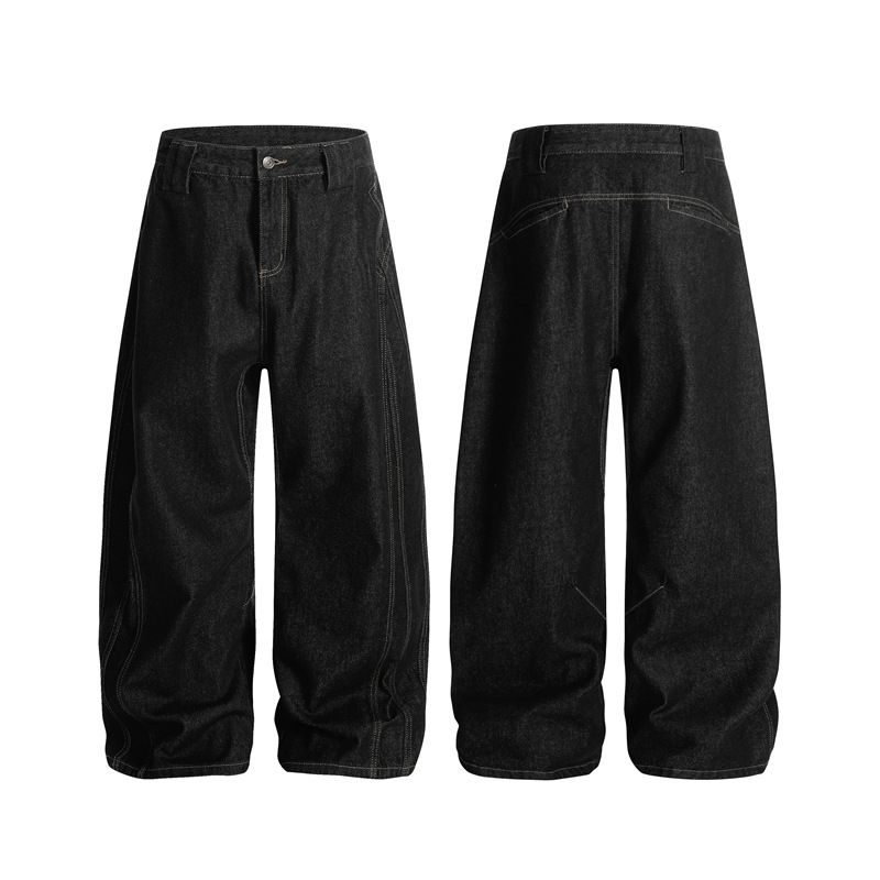 Jeans bootcut a gamba larga in denim vintage neri per uomo e donna – Pantaloni casual a gamba dritta dalla vestibilità rilassata_voghion.com