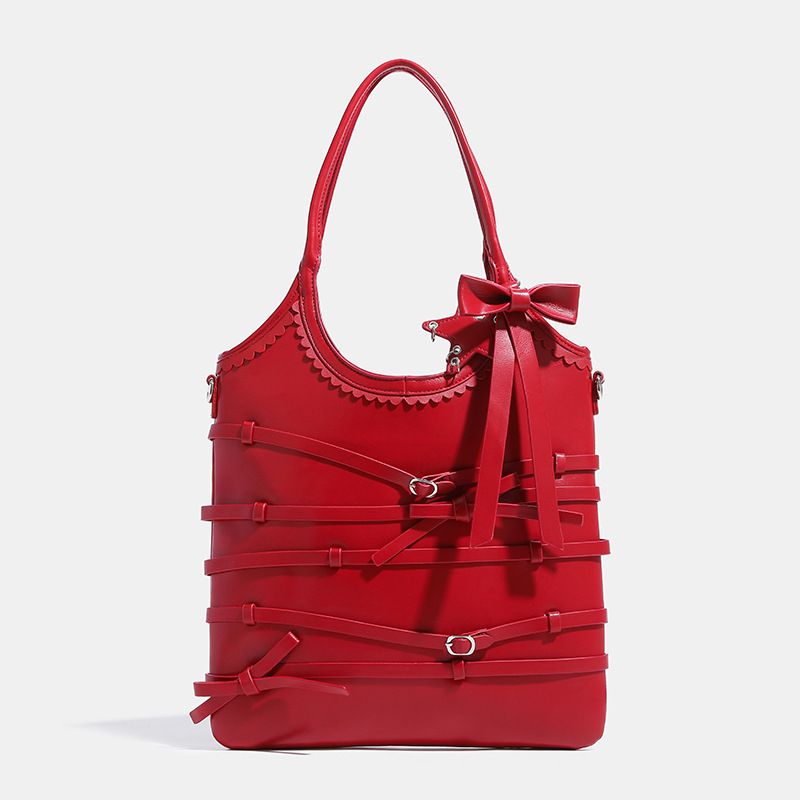 Borsa a mano Hobo con cinturino a fiocco, borsa da sposa rossa per donna, grande capacità, borsa a tracolla da pendolare sottobraccio_voghion.com