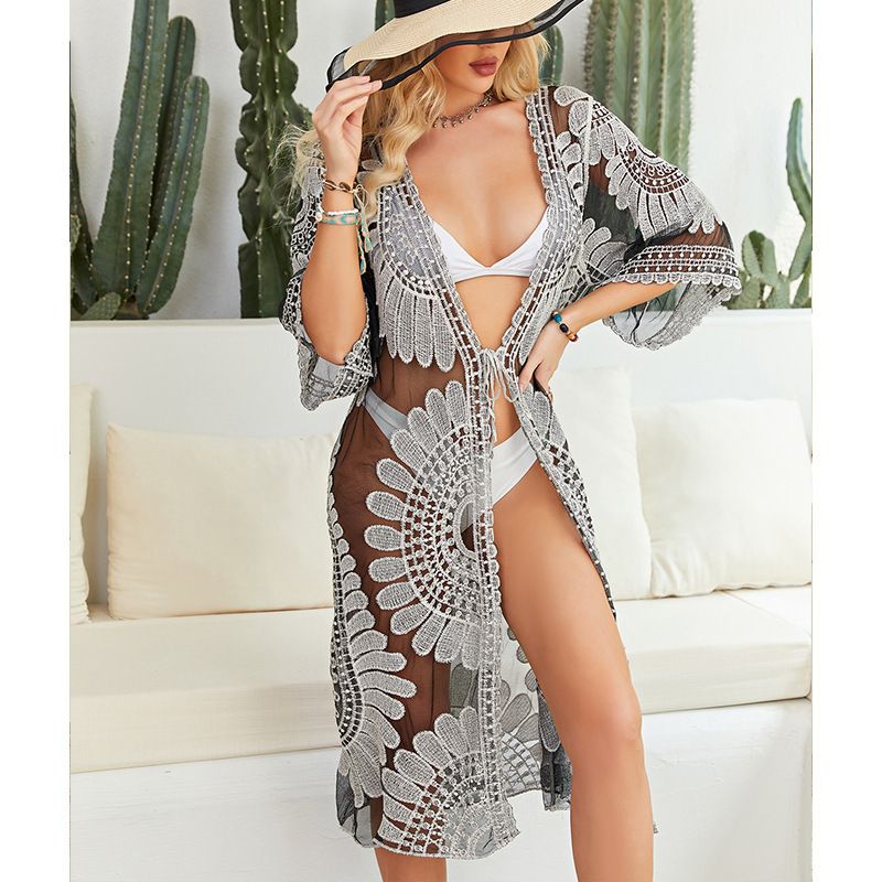 Strand-Überwurf aus Spitze – transparenter Sonnenschutz-Kimono (Einheitsgröße, 100 % Baumwolle, florales Cutout-Design)_voghion.com