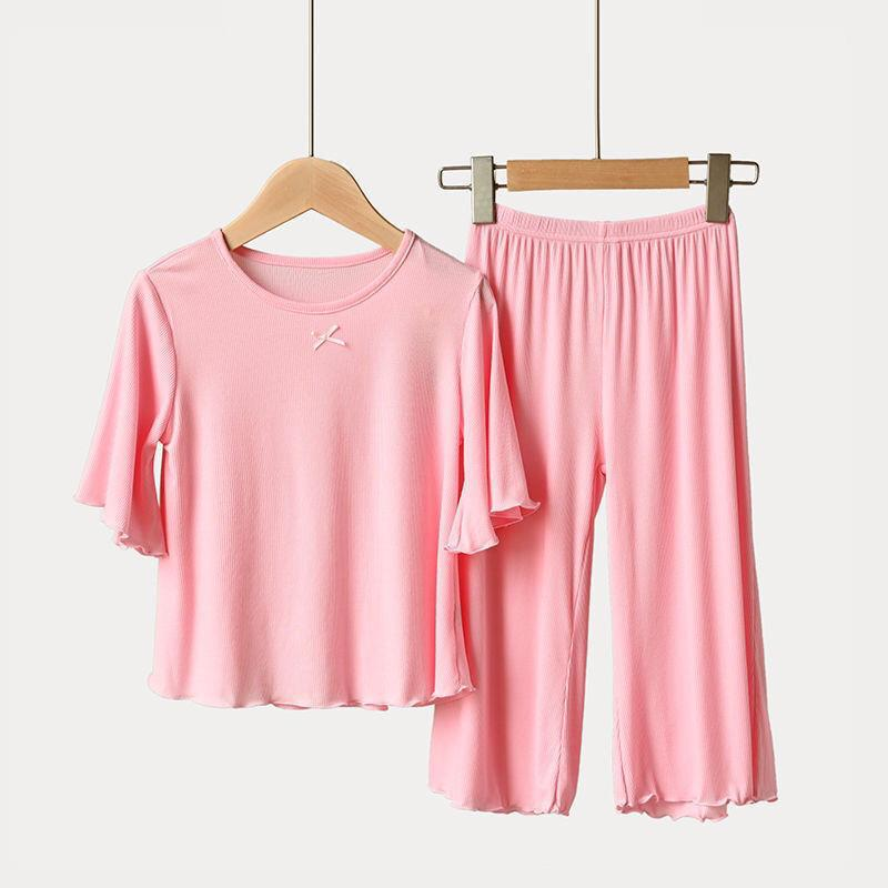 Ropa de bebé Conjunto de pijama de seda de hielo para niñas Ropa de hogar modal fina para niños Ropa de aire acondicionado de verano para niños de tamaño mediano_voghion.com