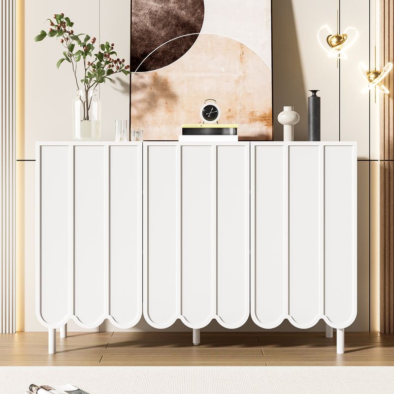 Buffet blanc moderne avec portes ondulées, 120 x 35 x 80 cm, design sans poignées, étagères réglables, meuble de rangement pour salon, couloir et salle à manger._voghion.com