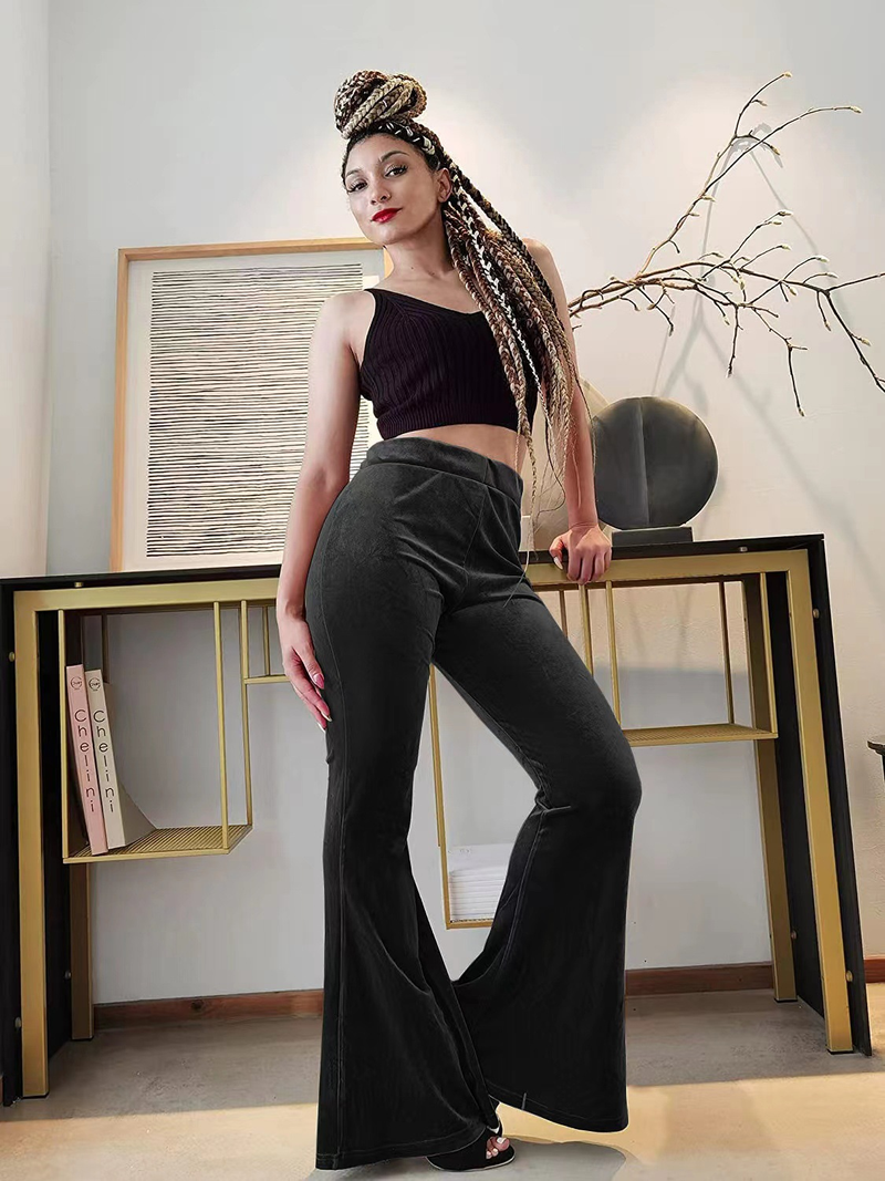 Pantaloni de damă din catifea, elastici, cu talie înaltă, tip clopot, casual, pentru femei_voghion.com