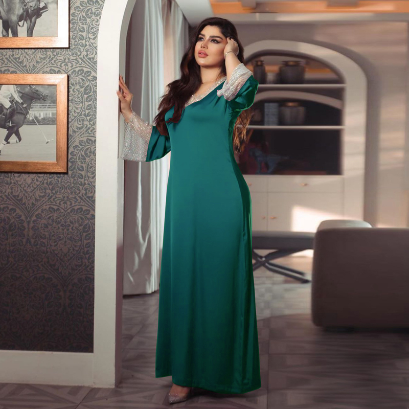 Abito lungo da donna in maglia di diamanti con paillettes in raso per donne musulmane_voghion.com