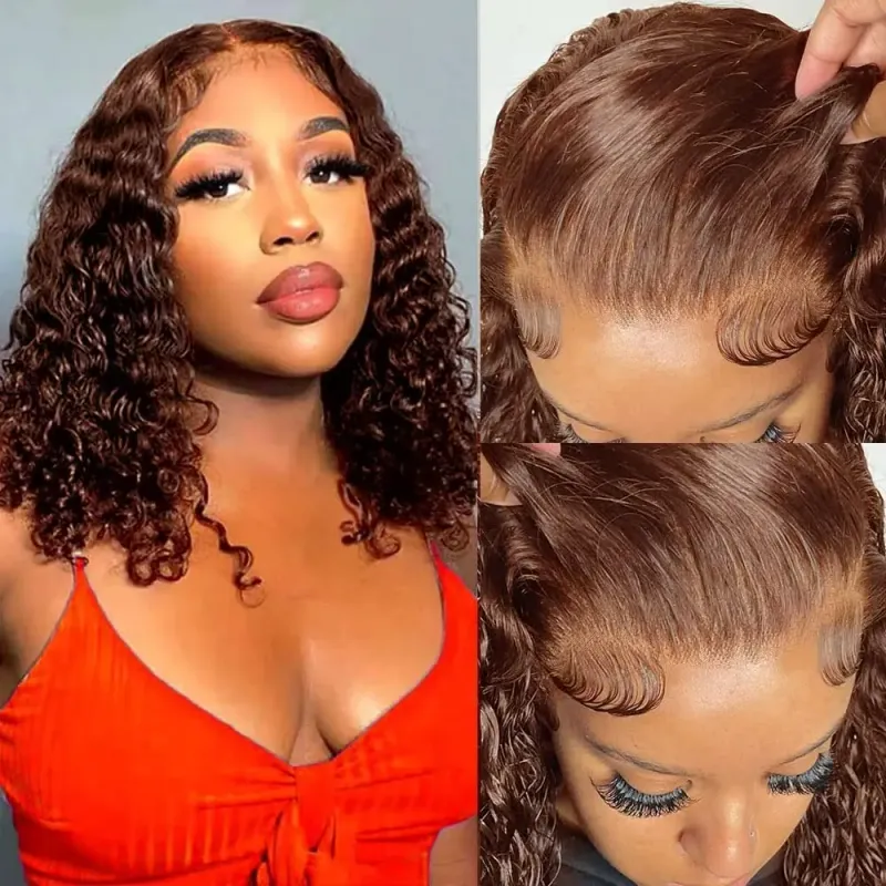 Peluca corta de color castaño oscuro con corte bob, cabello humano de 13 x 4 pulgadas, pelucas frontales con encaje, pelucas cortas de ondas profundas marrones, peluca bob n.° 4, cabello humano 180 % para mujer_voghion.com