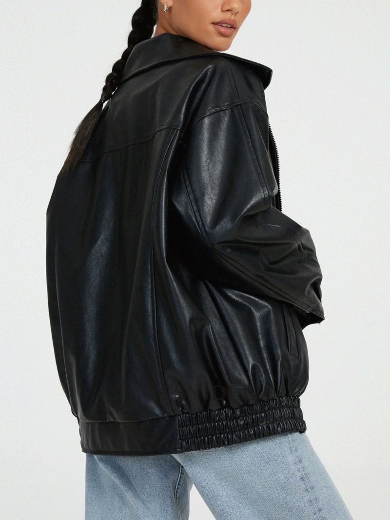 Giacca in stile motociclista, con colletto rovesciato, orlo elastico, cerniera, cappotto in pelle PU_voghion.com