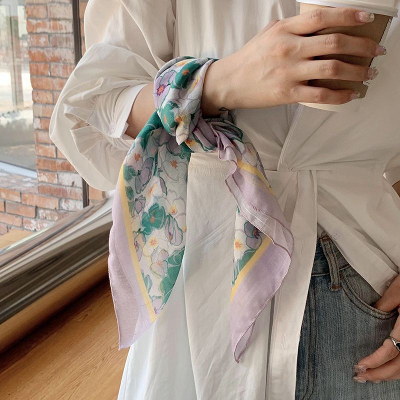 Summer thin cotton linen women's spring and autumn printed small square scarf, beach sun protection shawl decoration,_voghion.com