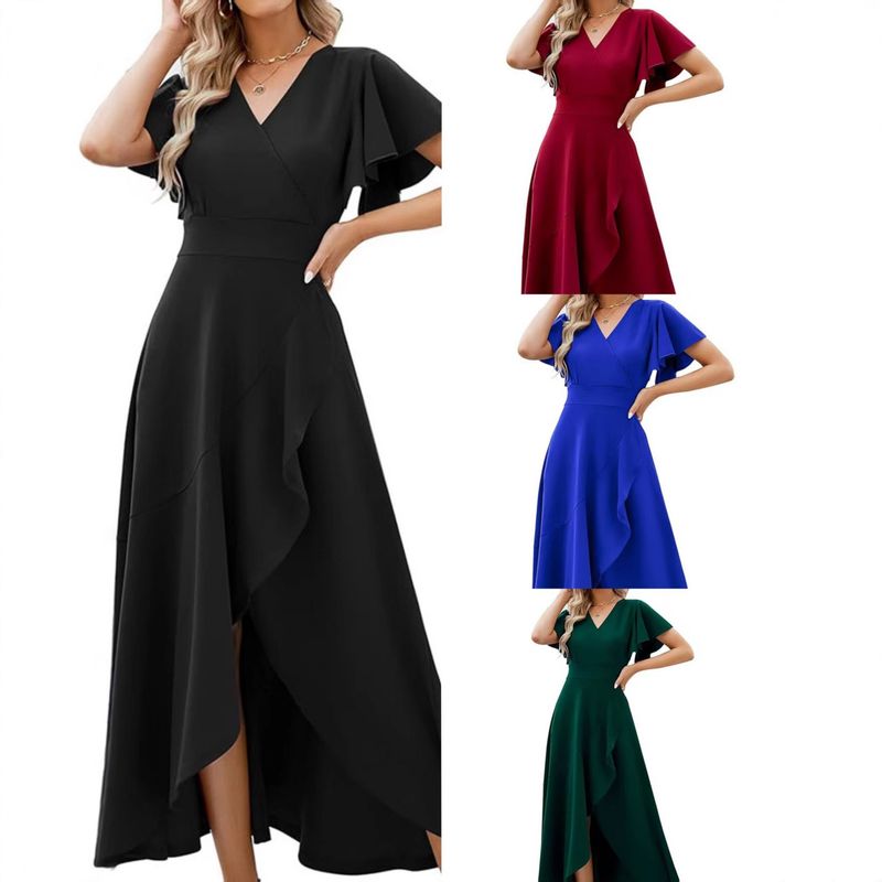 2025 Damen Rüschenärmel V-Ausschnitt Elegantes Abendkleid Frühling Sommer Polyester_voghion.com
