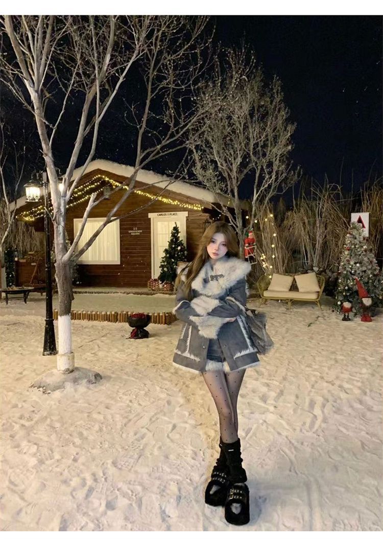 Grau Kran Silber Schnee Winter Neue frauen Anzug Elegante Pelzigen Patchwork High-end-Mantel Vielseitig Mode Shorts_voghion.com
