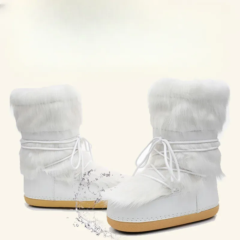 Schuhe von besserer Qualität 2024 Neue Winterpelz-Schnee-Frauen-Ski-flauschige haarige Schnürung mit mittlerer Wadenplattform flach mit weißen Baumwollstiefeln_voghion.com