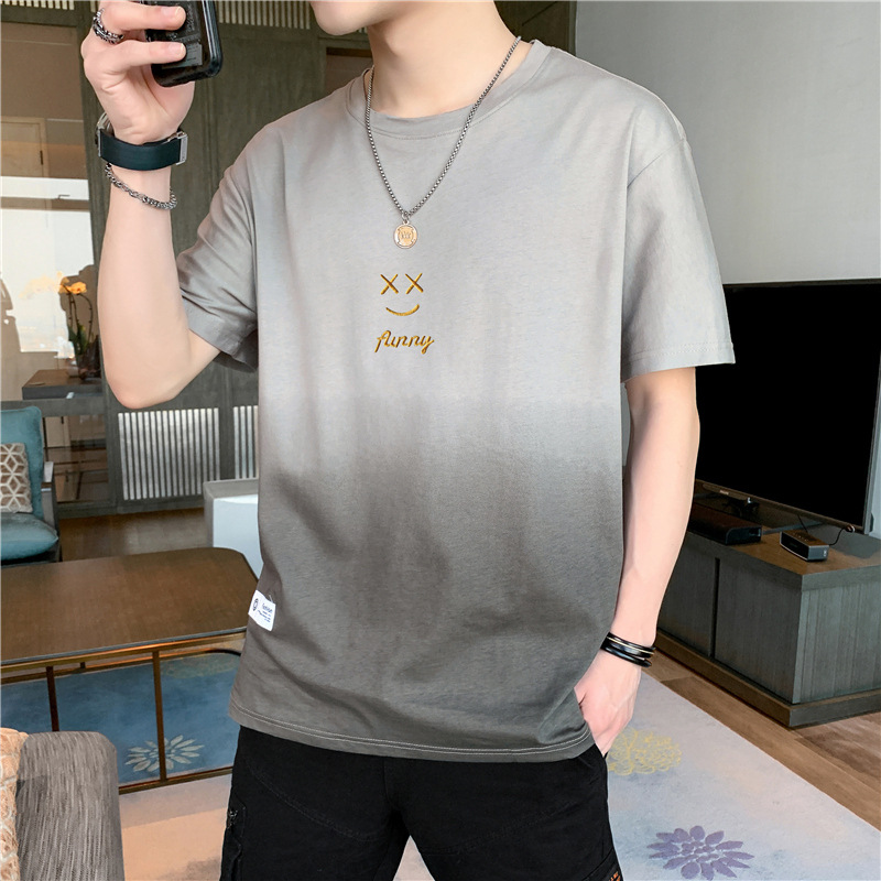 Gradient Color Smiley Face Short Sleeve T-Shirt Men 2023 Summer Trendy Brand Half Sleeve Design Sense Niche Cool Breathable T-Shirt_voghion.com