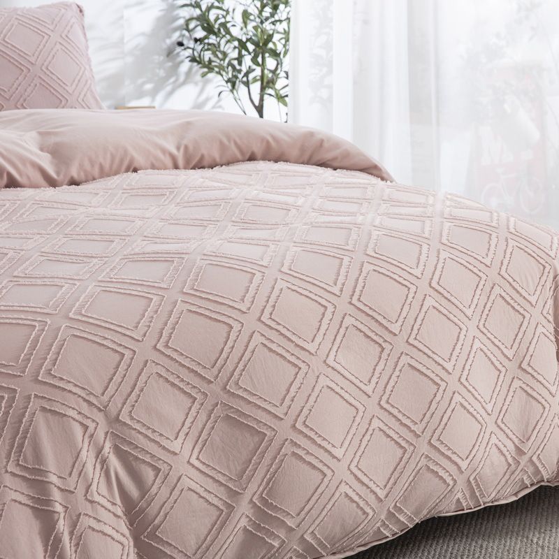 Hellrosa geometrisches Jacquard-Bettbezug-Set – 3-teilige Flanellbettwäsche mit floralem Cut-Out-Design_voghion.com