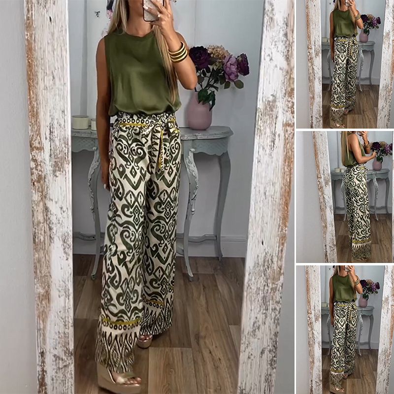 Pantaloni larghi casual da donna con cintura stampata, 2025_voghion.com
