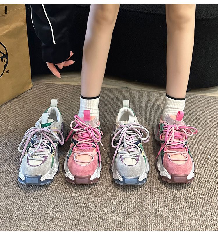 Trendy brand color blocking thick soled dad for women in early spring 2024, new anti plush leather small height_voghion.com