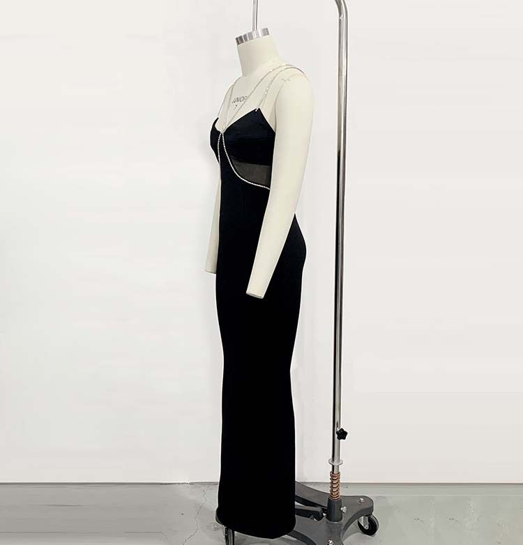 Elegante abito francese con fasciatura e spalline in strass - Abito lungo formale aderente per donna, abito da sera aderente a vita alta_voghion.com