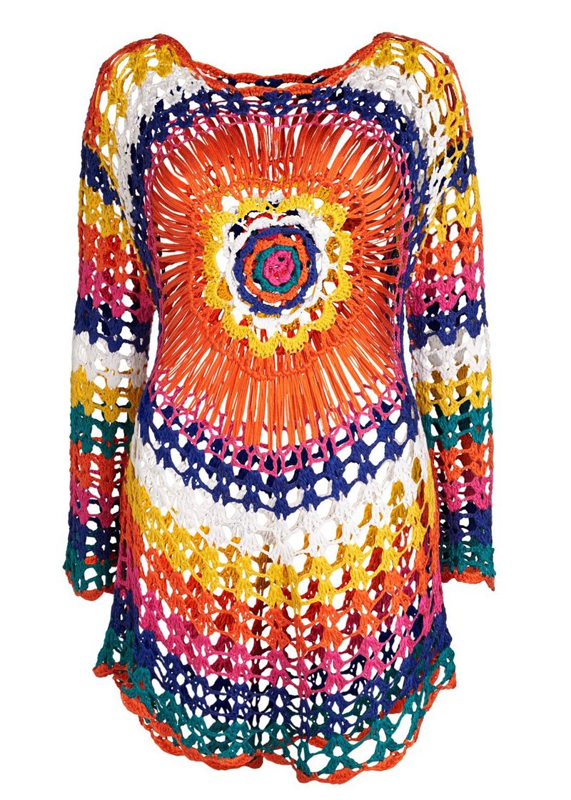 Kimono de plage crocheté à la main – Kimono bohème arc-en-ciel à manches longues (taille unique, 310 g, léger, tricot ajouré, cache-maillot de bain)_voghion.com