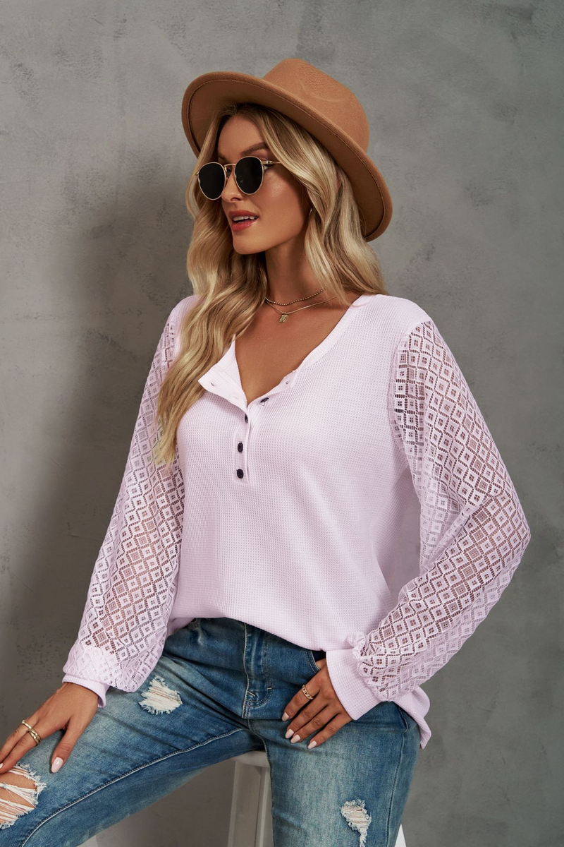 Women's Clothing Casual Waffle Grace Panel Long Sleeve Button T-shirt Top_voghion.com