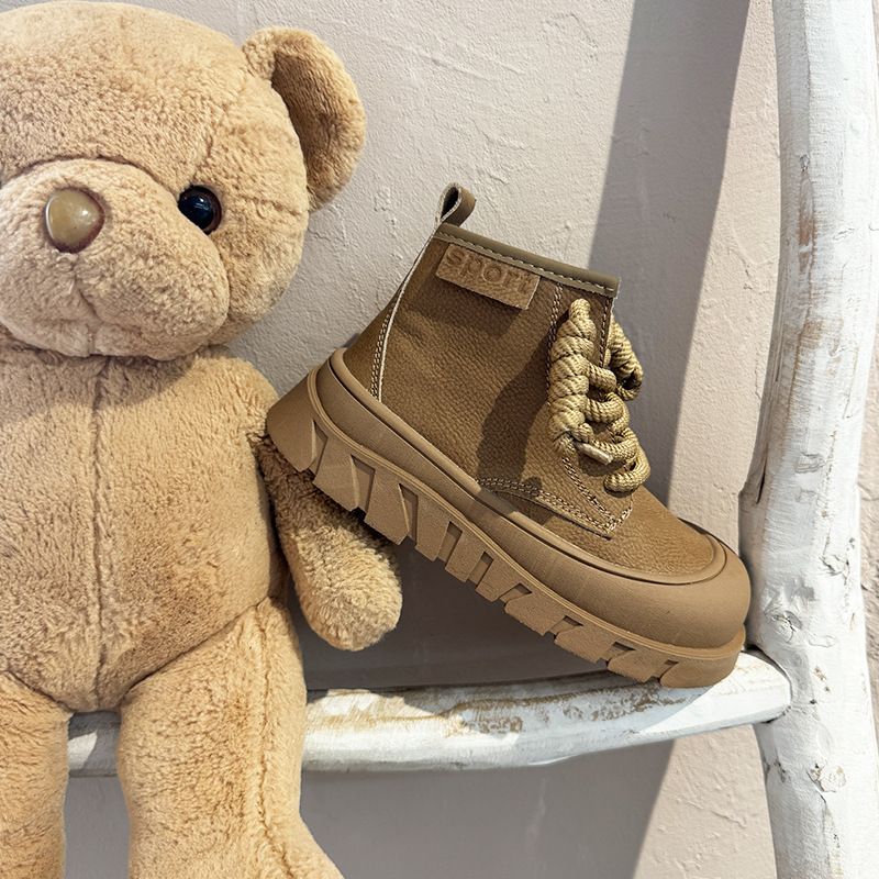 Children's Martin 2024 autumn winter boys' and girls' yellow short boots, British style high top single boots with plush_voghion.com