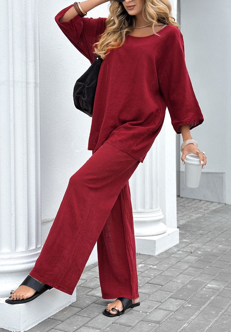 2025 Women's Solid Color Round Neck Linen Cotton Top Casual Tie Loose Pants 2-Piece Set_voghion.com
