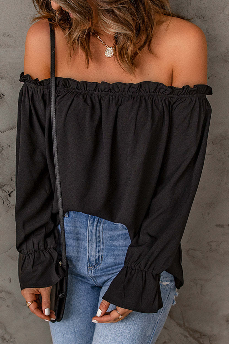 Blusa in chiffon con spalle scoperte da donna - Elegante top peplo a maniche lunghe con volant in tinta unita (nero, bordeaux, verde, beige, rosa antico)_voghion.com