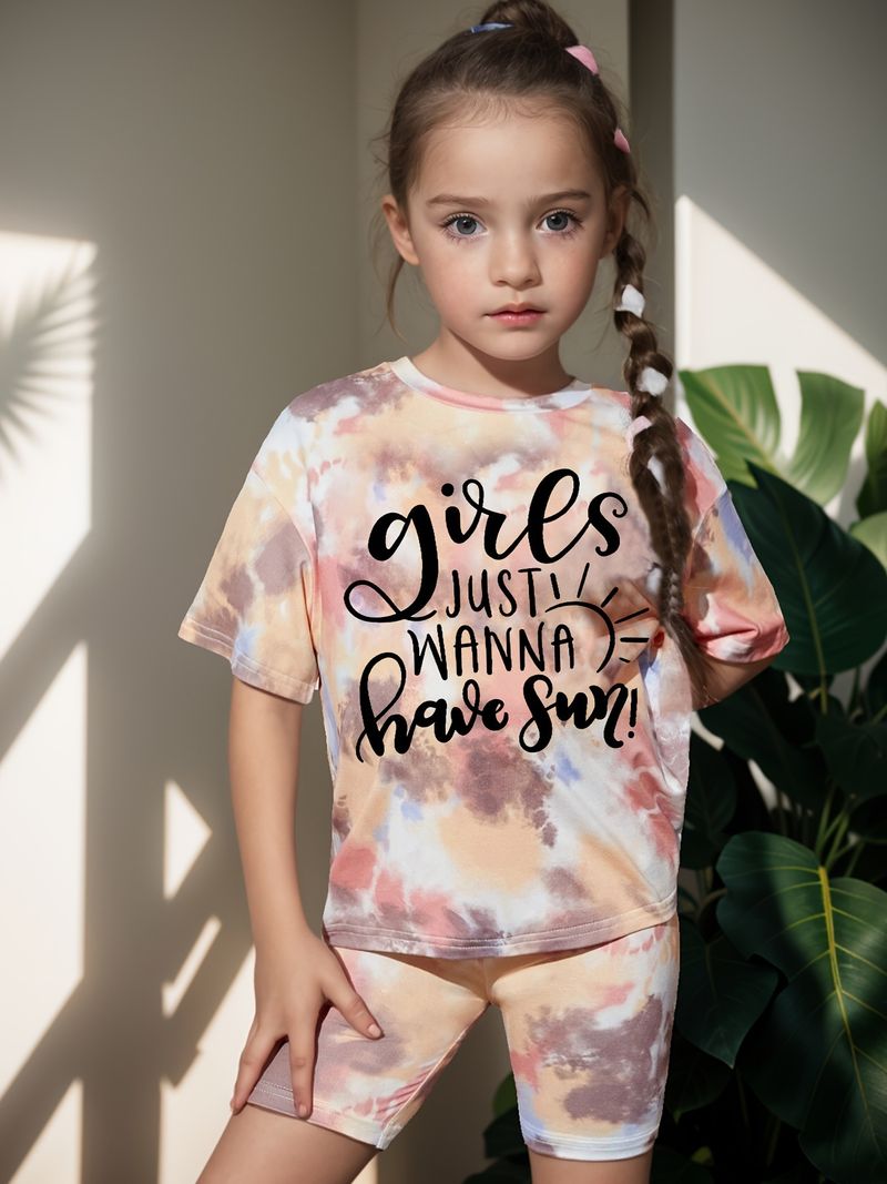 Mother & Kids INS Girls Summer Casual Tie Dye Full Print Round Neck Short Sleeve 2 Piece Set Fashion Casual Suit_voghion.com