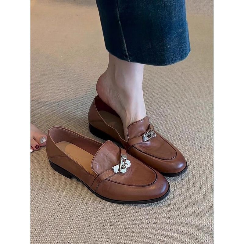 Lan Cabinet Edition ~ Vintage Lock Design Versatile Slip-On Lazy Loafers Horsebit Flat Leather Single Shoes_voghion.com