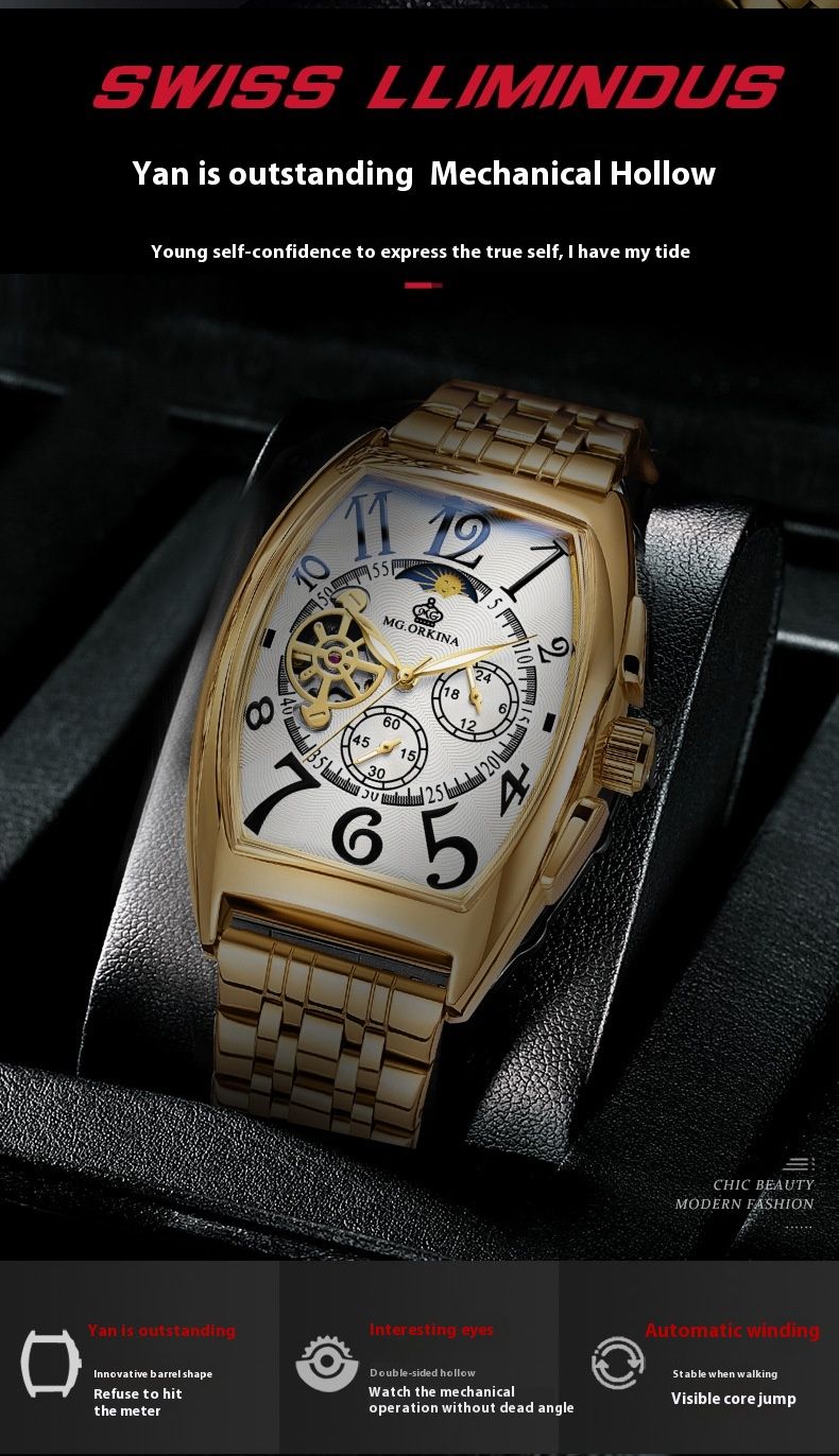 New light luxury tonneau exquisite type waterproof skeleton fashion personality hundred automatic mechanical watch men_voghion.com