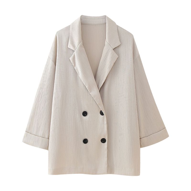 Roupas femininas estilo de rua com efeito amassado, blazer trespassado, calças com efeito amassado_voghion.com