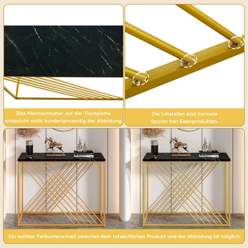 Console noire avec pieds dorés, 100 x 35 x 77 cm, table d'entrée en MDF brillant, table de couloir, buffet, table d'appoint, style vintage_voghion.com