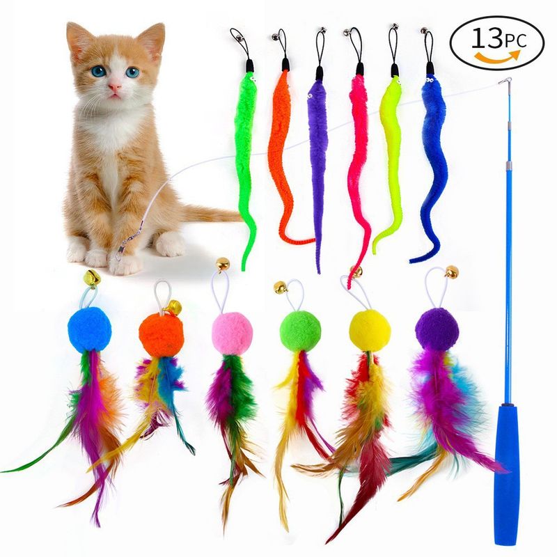 Bacchetta di peluche per gatti con testa di piuma sostituibile e asta estensibile, set di giocattoli da masticare per l'autointrattenimento dei gatti_voghion.com