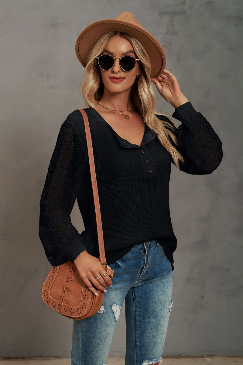 Women's Clothing Casual Waffle Grace Panel Long Sleeve Button T-shirt Top_voghion.com