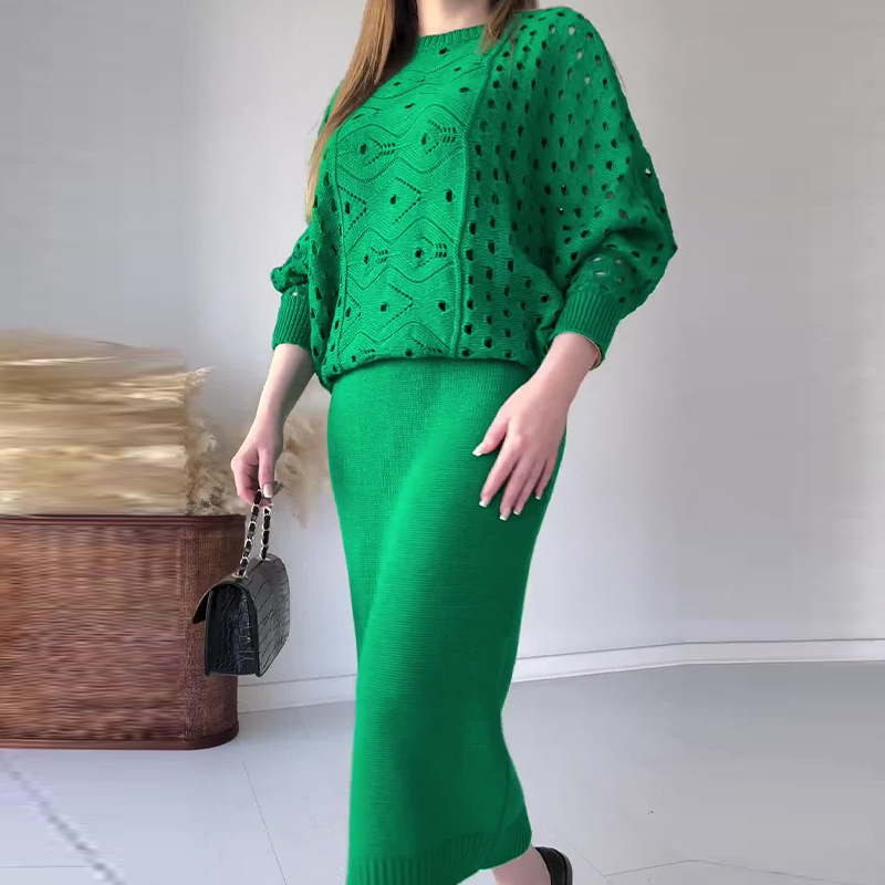 Damesmode effen kleur holle ronde hals top casual gebreid rokpak_voghion.com