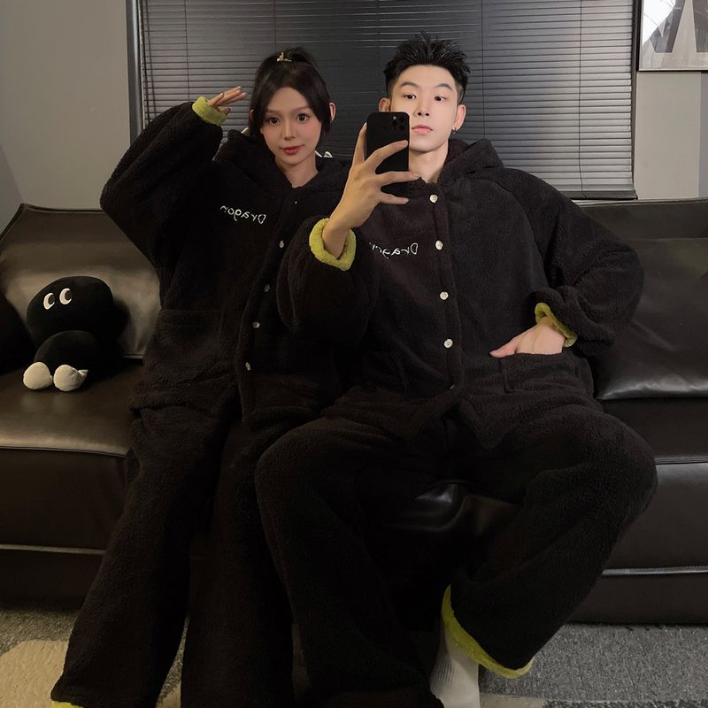 Toothless Couple Little Monster Long Winter Pajamas Cute Cartoon Plus Plush Thick Home Clothes Women's Set_voghion.com