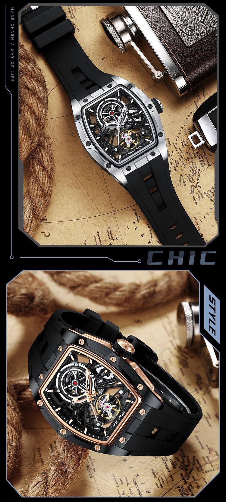 Men's Automatic Skeleton Watch With Stainless Steel Case, Silicone Strap, Luminous Hands, And 50m Water Resistance Automatic Mechanical Watch 0603G_voghion.com