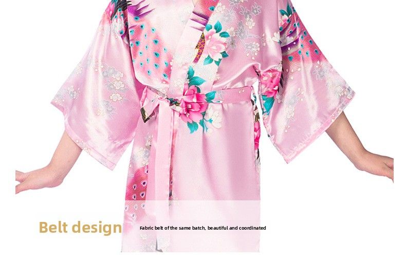 Peacock Peony Printed Children's Nightgown, Summer Girl Long Ice Silk Thin Style, Home Bathrobe Cardigan Design--Size 6 (90-100cm)_voghion.com