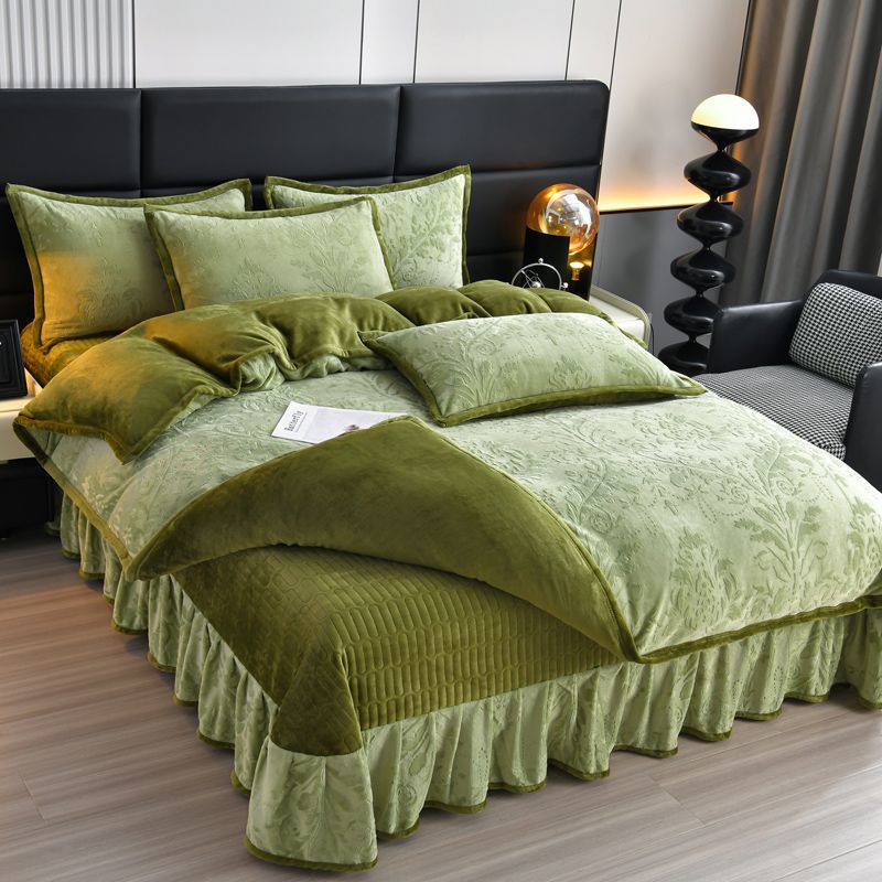 Copripiumino invernale in velluto di latte spesso imbottito in cotone, set da quattro pezzi, stile principessa, in pizzo, in velluto double-face, in pizzo, in velluto corallo._voghion.com