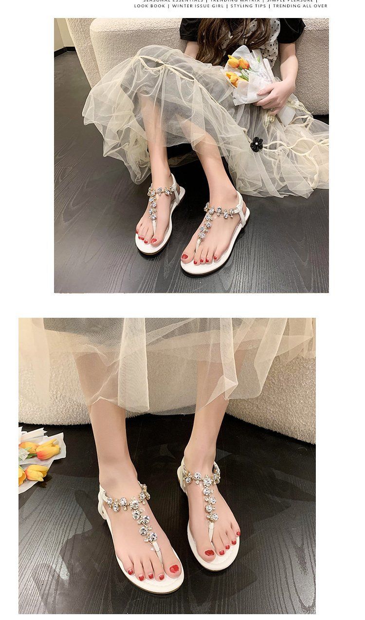 Sandales à entredoigts ornées de cristaux - Chaussures de plage plates style bohème glamour pour femmes, tongs d'été à lanières à porter avec des robes_voghion.com