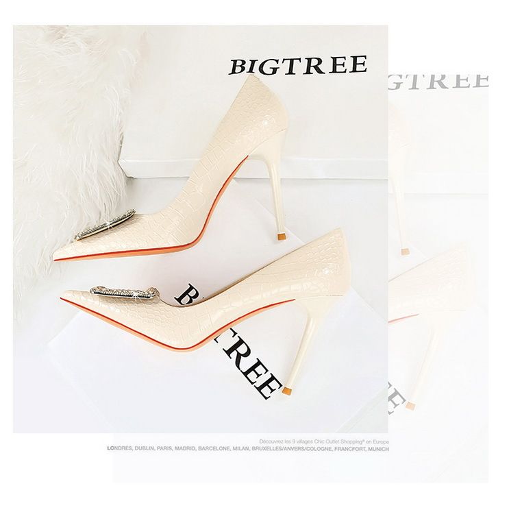 3391-K28 Korean Women's Slim Ultra High Heels Shallow Mouth Sharp Toe Lacquer Skin Snake Pattern Water Diamond Buckle_voghion.com
