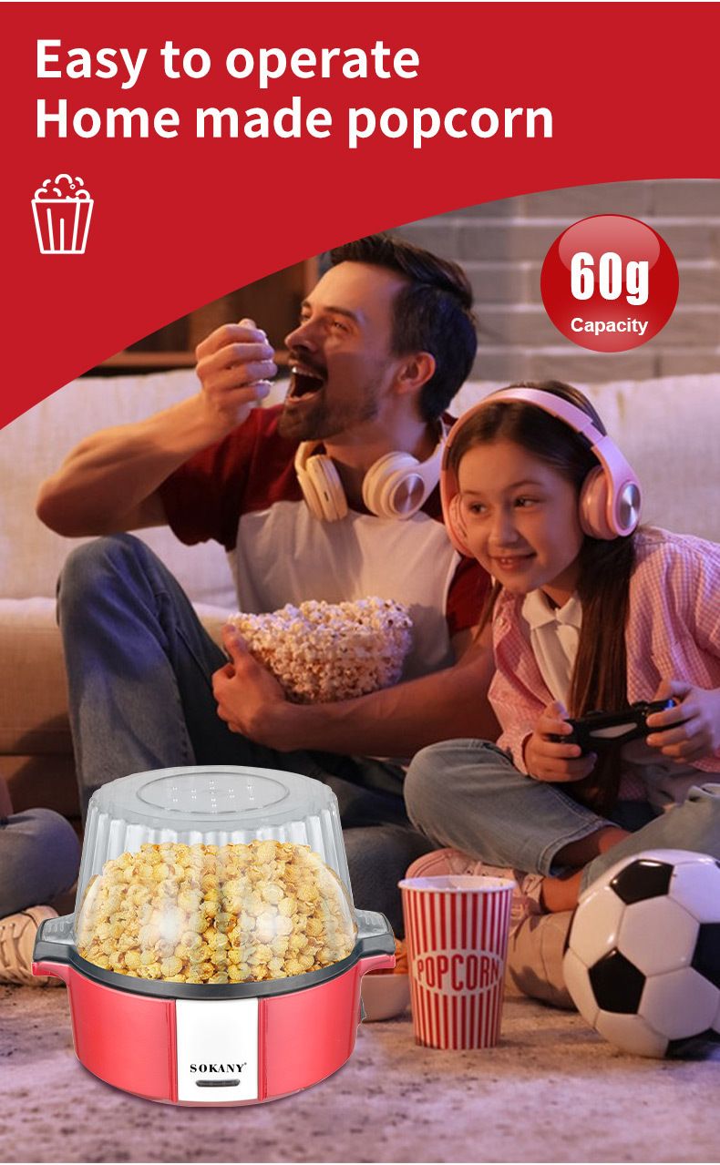 Maszyna do popcornu o mocy 700 W, z funkcją robienia popcornu gorącym powietrzem, bez oleju, pojemność 60 g, rodzinna maszyna do samodzielnego przygotowywania przekąsek, bez BPA, obudowa chłodna w dotyku, wtyczka standardowa UE_voghion.com