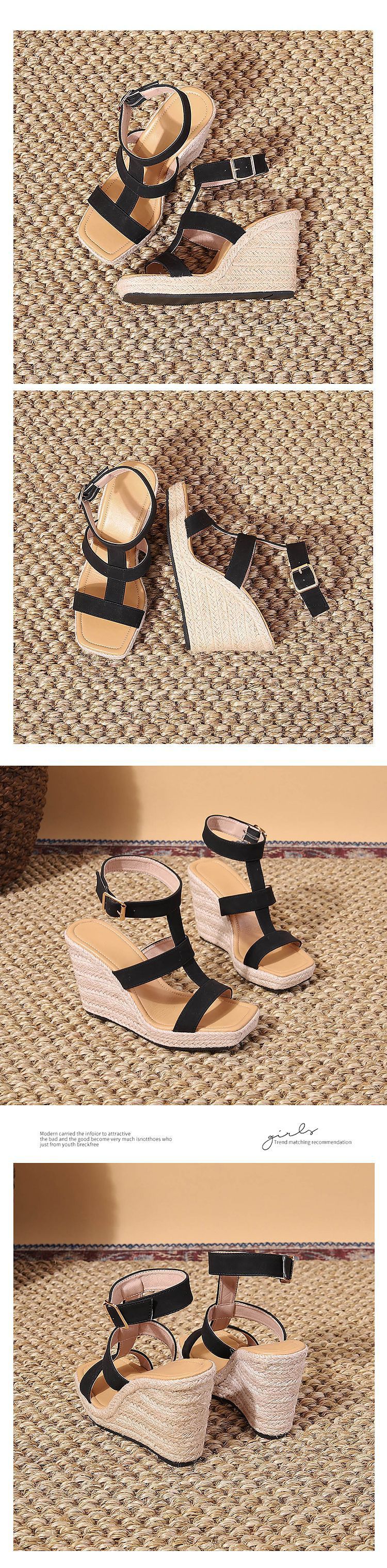 Women's Shoes New Summer Wedge Thick Soled High Heeled One Strap Sandals With Buckles Rope And Straw Woven Sole Large Size Shoes_voghion.com